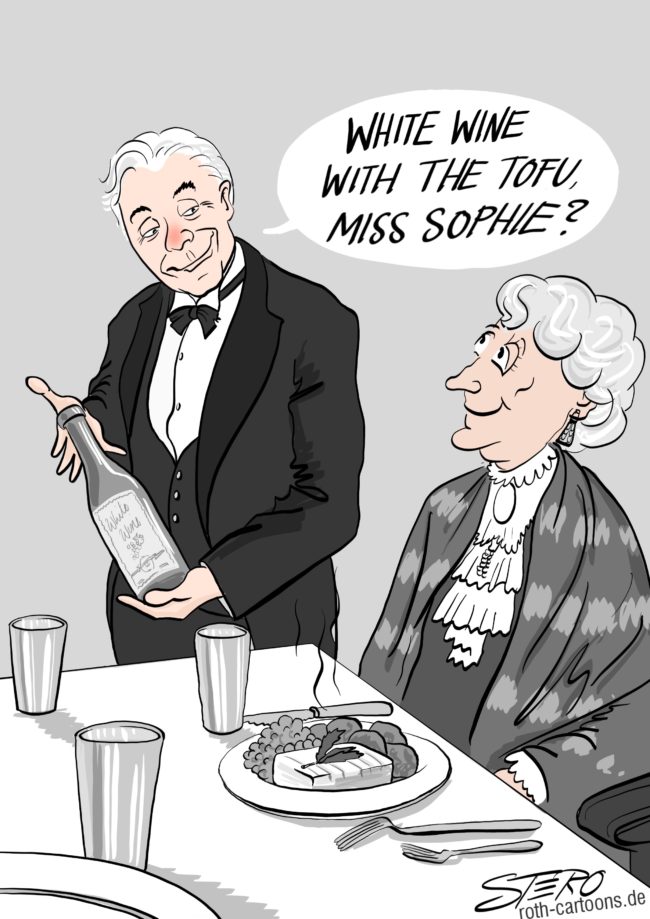 Cartoon-Comic-Karikatur---Das typische Dinner mit Miss Sophie und ihrem treuen Butler in schwarzweiß, nur das heute wohl Tofu auf der Karte steht. Vegan geht immer...