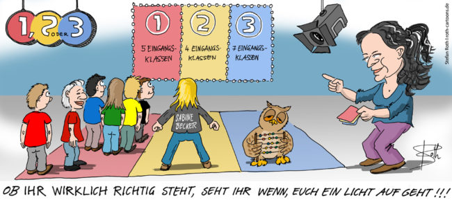 Cartoon-Karikatur-Comic---In einer Gameshow wird geraten wieviel Eingangsklassen die Realschule Überlingen nun haben soll. 5, 4 oder 7?