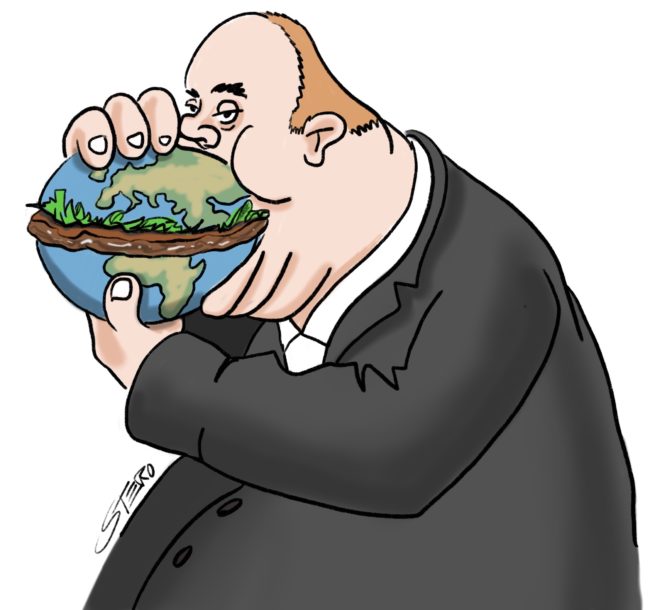 Cartoon. Dicker Mann im Anzug isst einen Burger. Der Burger ist die Erde mit einem fetten Fleischstück in der Mitte.