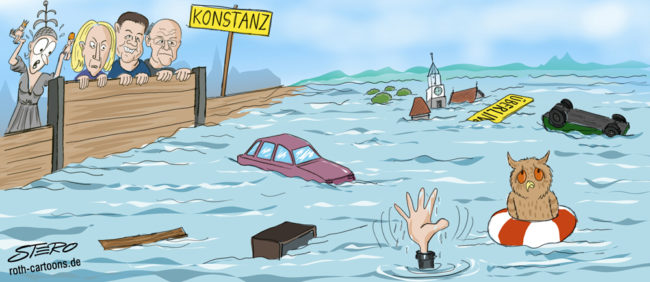 Cartoon-Karikatur-Comic---Überlingen ist komplett Überschwemmt, doch zum Glück hält eine Mauer das Wasser von Konstanz fern. Das freut dessen Politiker dahinter ziemlich, allerdings nicht der Imperia direkt hinter ihnen.