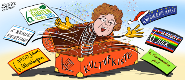 Cartoon-Karikatur-Comic---Ein Springteufel springt aus einer Kiste auf der Kulturkiste steht. Er schleudert Tickets für verschiedenste Veranstultungen aus seinen Händen.