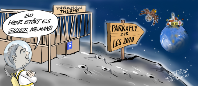 Cartoon-Karikatur-Comic---Ein Politiker setzt das Parkhaus für die Landesgartenschau auf den Mond, da nur hier niemand davon gestört werden kann.