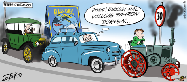 Cartoon-Karikatur-Comic---Mehrere rauchende Oldtimer fahren auf einer Straße und ein Fahrer freut sich über das 30ger Schild, da er jetzt Vollgas geben kann.