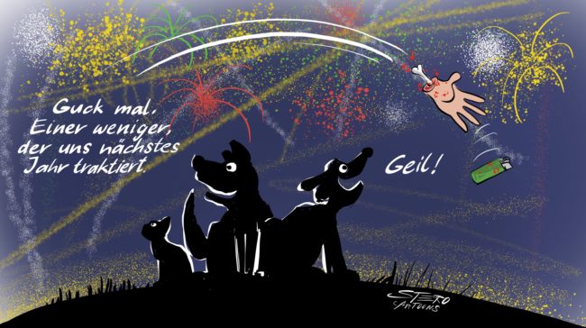 Cartoon-Karikatur-Comic---Die Haustiere freuen sich über eine abgetrennte menschliche Hand die über ihren Köpfen hinweg fliegt. Sie wurde durch eine Feuerwerksrakete an Silvester dort hin gebracht. Endlich einer weniger der jedes Jahr die armen Tiere mit Lärm belästigt.