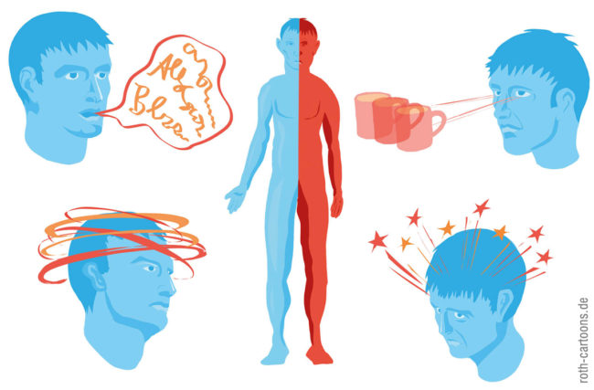 Cartoon-Karikatur-Comic---Ein Mann steht in der Mitte mit einer Körperseite in rot. daneben sind seine Köpfe mit verschiedenen Symptomen: Sehkraft Einschränkung, falsches Sprechen, Schwindel und Kopfschmerzen.