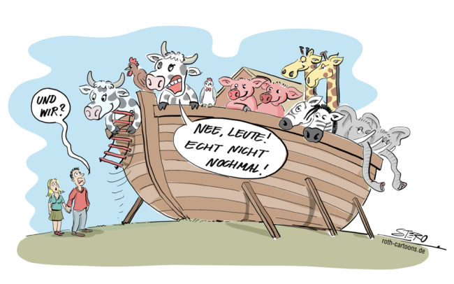 Cartoon-Karikatur-Comic---Eine Kuh auf einer voll bepackten Arche Noah sagt zu dem Mann und der Frau unten:" Nee, Leute! Echt nicht nochmal!"