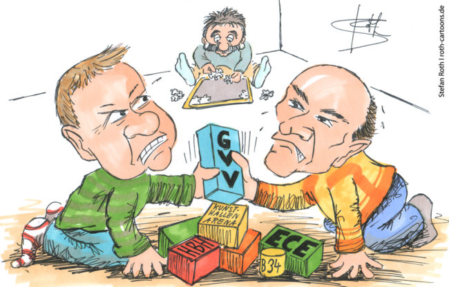 Cartoon-Karikatur-Comic---Zwei Politiker streiten sich in der Bauecke um Klötze.