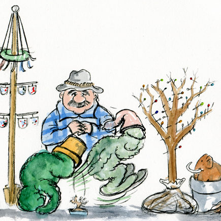 Cartoon-Karikatur-Comic---Ein Baumhändler verkauft alles mit einem Baum Namen außer einen echten Weihnachtsbaum. Zum Beispiel einen Purzelbaum, einen Einbaum oder einen Kratzbaum.