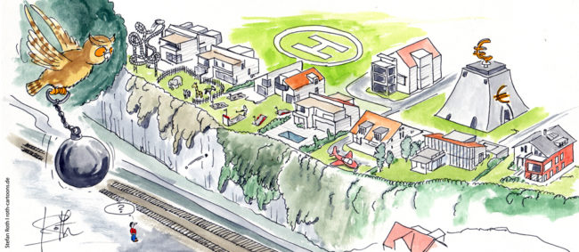 Cartoon-Karikatur-Comic---Ein Uhu kreist bedrohlich mit einer Abrissbirne über Überlingen hinweg.