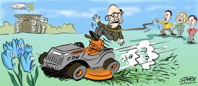 Cartoon-Karikatur-Comic--- Ein Rasenmäher mit der Aufschrift "CDU" rast auf eine blaue Blume zu doch zum Glück wird sein Fahrer mit einem Lasso aus dem Sitzt gezogen. Friedrichshafen