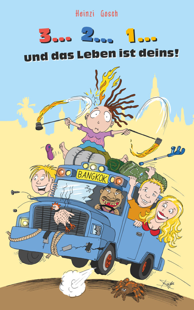 Cartoon-Karikatur-Comic---Auf dem Cover fahren seltsame Gestalten mit einem schrottplatzreifen Truck.