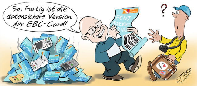 Chipkarten und Lesegeräte liegen auf einenm Haufen. Sicher ist nur noch Papier mit Bar-Code drauf. Ein Tourist schaut verdutzt und versteht nicht den Sinn dahinter.