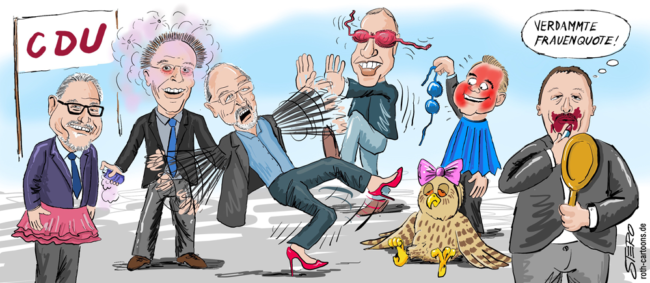 Cartoon-Karikatur-Comic---Verschiedene CDU Politiker kleiden sich in typisch-weiblichen Klamotten wie BHs, Lippenstift, Röcken, Schleifen, und Stöckelschuhen um die Frauenquote zu erfüllen.