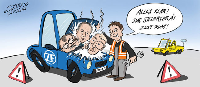 Cartoon-Comic-Karikatur---Ein Mechaniker öffnet die Motorhaube eines dampfenden Autos und findet dort die kämpfenden Vorstandsmitglieder des ZF vor. Da muss wohl das Steuergerät kaputt sein.