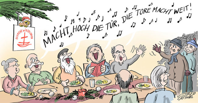 Cartoon-Karikatur-Comic---Senioren sitzen zusammen am festtisch und singen fröhlich:"Macht hoch die Tür, die Tür macht weit!".