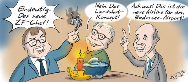 Cartoon-Karikatur-Comic---3 Anzugträger beim Bleigießen an Silvester. jeder deutet das Ergebnis unterschiedlich. Einer sieht es als den neunen ZF-Chef, einer als das Landshut-Konzept und der Letzte als die neue Airline für den Bodensee Airport.
