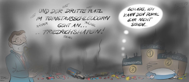 Cartoon-Karikatur-Comic----Eine Siegerehrung für die Stadt mit der größten Feinstaubbelastung an Silvester findet statt. Friedrichshafen ist auf Platz 3 aber dies ist egal, weil vor lauter Feinstaub niemand den Pokal sehen kann.