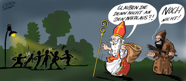 Cartoon-Comic-Karikatur---Der Nikolaus kommt mit seinem Sack voller Leckereien zu einer Gruppe prügelnder Leute und frägt sich ob diese denn nicht an ihn glauben. Zum glück hat er seinen treuen Gefährten Knecht Rubrecht dabei, der mit den Worten:"Noch nicht!" schmunzelnt seine Rute streichelt.