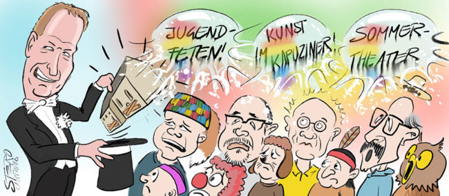 Cartoon-Karikatur-Comic----Ein Zauberer zaubert die Sperrung verschiedener Veranstaltungen aus dem Hut. Das Publikum ist entsetzt und die Blasen mit ihren Feiern zerplatzen über ihren Köpfen.