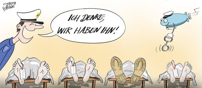 Cartoon-Karikatur-Comic---Ein Polizist steht in der Pathologie und vor ihm liegen Leichen auf Liegen. Eine dieser hat jedoch schuhe anstatt nackter Füße an und der Polizist lässt verlauten:"Ich denke, wir haben ihn!". Dieses versteck war wohl doch nicht so gut gewählt.