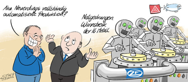 Cartoon-Karikatur-Comic---- Ein Mann bewundert die vollautomatische Roboter-Produktion der IG Metall. Diese ist aber nur Notgedrungen wegen des Streiks.