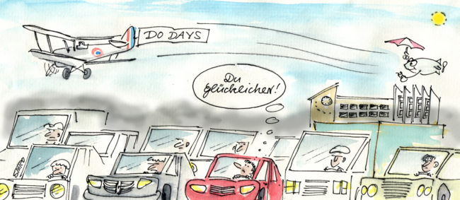 Cartoon-Karikatur-Comic---Viele Autos stehen im Stau. Ein Fahrer sieht ein Flugzeug und denkt "Du Glücklicher!".