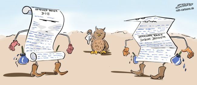 Cartoon-Karikatur-Comic---Der Offene Brief der BÜB und der von Sabine becker stehen sich wie im Western gegenüber-bereit zum Duell.