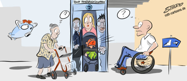 Cartoon-Karikatur-Comic---In einem kleinen Aufzug am Bahnhof passt nichtmal der Kinderwagen rein. Da müssen die Oma und der Rollstuhlfahrer wohl die Treppe nehmen.