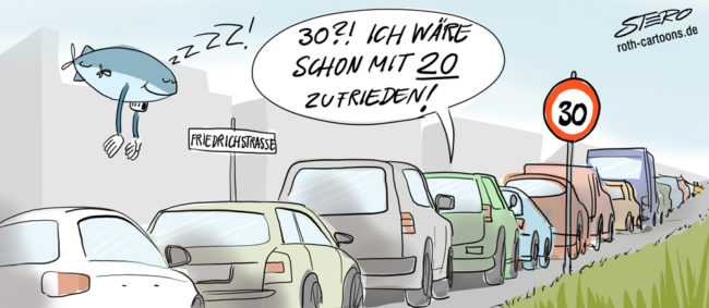 Cartoon-Karikatur-Comic---Im Stau sagt ein Autofahrer zu dem 30er Schild:" 30?! ich wäre schon mit 20 zufrieden."
