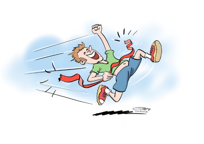Cartoon: ein Sportler rennt durch die zielliniie. Das zieleinlaufband reisst und er freut sich weil er der Sieger ist.