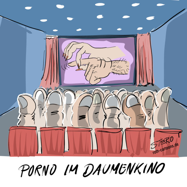 Cartoon-Karikatur-Comic---In einem Kino läuft ein Film indem ein Zeigefinger durch, ein durch Finger gebildetes, Loch geführt wird. Im Publikum sitzen nur Daumen.