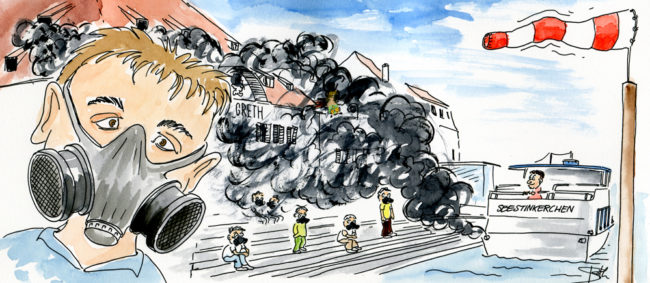 Cartoon-Karikatur-Comic---Ein Schiff verliert Wolken aus Diesel und die Hafen Besucher tragen Gasmasken.