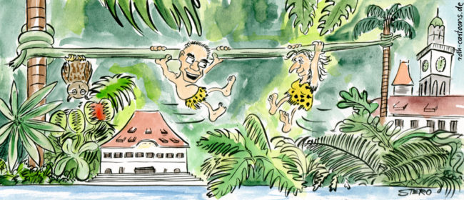 Cartoon-Karikatur-Comic---Ein Mann und eine frau hängen an einer Liane im Dschungel Überlingen in Tarzan Kostümen.