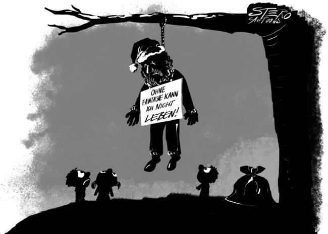 Cartoon-Karikatur-Comic---Der Weihnachtsmann hängt tot am Baum und die Kinder schauen verängstigt zu ihm auf. An ihm hängt ein Schild:"Ohne Fantasie kann ich nicht leben!"