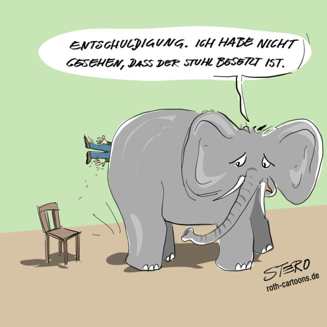 Cartoon-Karikatur-Comic---Aus dem Hinterteil eines Elefanten hängen die Beine eines Mannes heraus. Das Tier sagt bedauernd:" Entschuldigung. Ich habe nicht gesehen, dass der Stuhl besetzt ist."