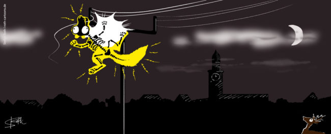 Cartoon-Karikatur-Comic---Ein Marder beißt in ein Stromkabel und wird vom Schlag getroffen.