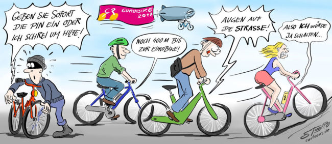 Cartoon-Karikatur-Comic---Mehrere Radfahrer fahren auf der Eurobike 2017 Tour. Alle haben Smartbikes und haben damit entweder mehr oder weniger Probleme.