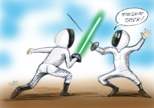 Olympia Fechten – Zwei olympische Fechter. Einer zieht ein Lichtschwert a la StarWars