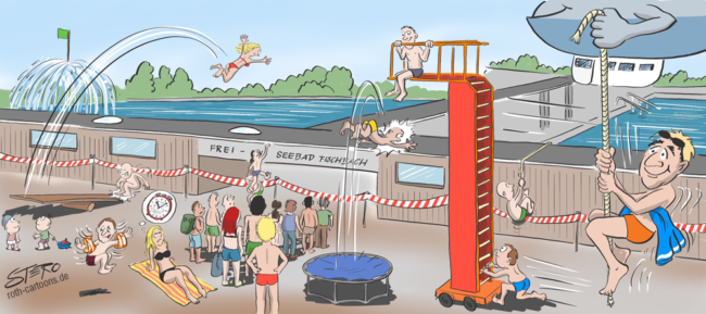 Cartoon-Karikatur-Comic---Eine Warteschlange steht in Badeklamotten vor einem geschlossenen Freibad. Ein Paar mutige Badegäste versuchen sich mit abstrakten Methoden Zugang zum Schwimmbad zu verschaffen. Ein Katapult, ein Zeppelin, ein Trampolin oder eine Hebebühne? Was wäre ihre Wahl?