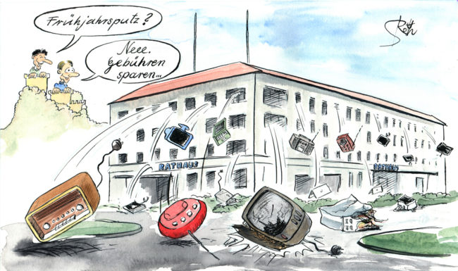Cartoon-Karikatur-Comic---Aus dem Rathaus Singen werden nach der neuen GEZ-Gebühr wutentbrannt alle Elektrogeräte geworfen. Das ist kein Frühjahrsputz sondern Gebührensparen.
