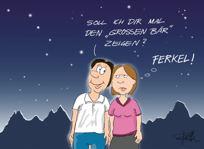 Cartoon-Karikatur-Comic---Ein Mann sagt seiner Frau unter dem Sternenhimmel:" Soll ich dir mal den großen Bär zeigen?" Sie denkt sich mürrisch neben ihm "Ferkel!".
