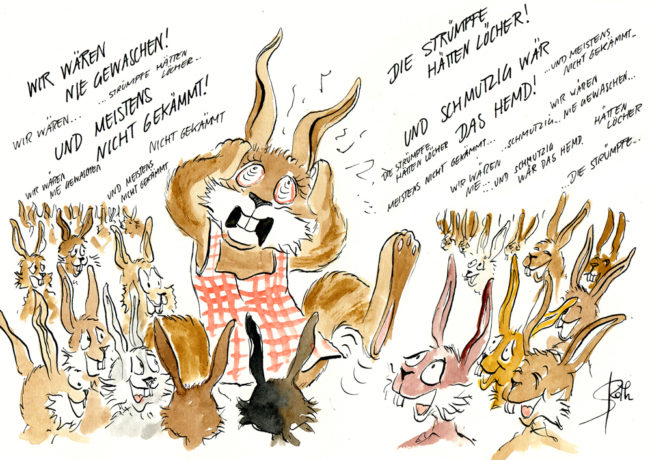 Cartoon-Karikatur-Comic---Hunderte Kanninchenkinder singen Ihrer Mutter zu Muttertag ein Muttertagslied: Wir wären nie gewaschen, und meistens nicht gekämmt! Die Strümpfe hätten Löcher und schmutzig wär das Hemd... Die Mutter bekommt einen panischen Anfall.