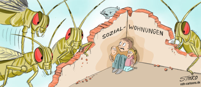 Cartoon-Karikatur-Comic---Eine Familie kauert in einem fast zerfallenen Haus das von riesigen Heuschrecken zerfressen wird.