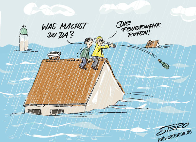 Cartoon-Karikatur-Comic---Auf einem Hausdach inmitten strömenden Regen und Hochwasser sitzen zwei Männer. Der Eine wirft eine Flaschenpost ins Wasser und wird darauf hin gefragt was er denn da mache. Er erwidert hoffnungslos:" Die Feuerwehr rufen!"