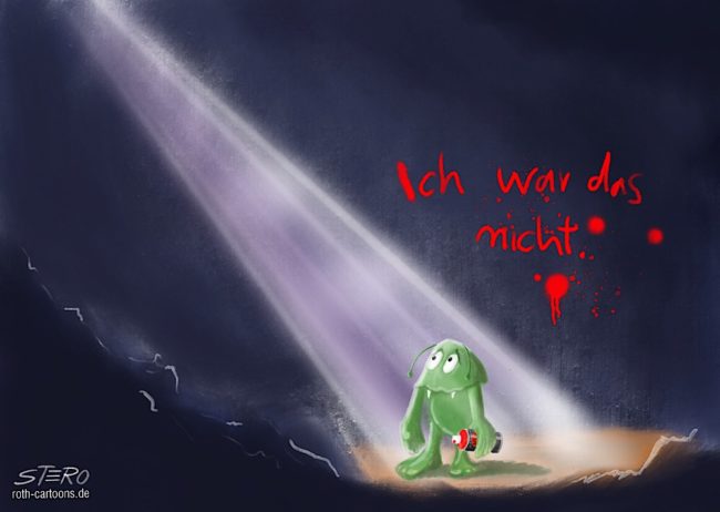 Cartoon-Karikatur-Comic---Ein kleines grünes Monster das mit Graffiti Sprühdose „ich war das nicht“ an die Wand geschrieben hat.