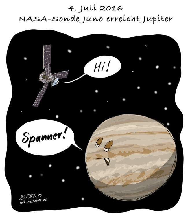 Cartoon-Karikatur-Comic---Die NASA Sonde Juno erreicht mit einem "Hi" den Jupiter. Dieser sagt genervt:" Spanner!"