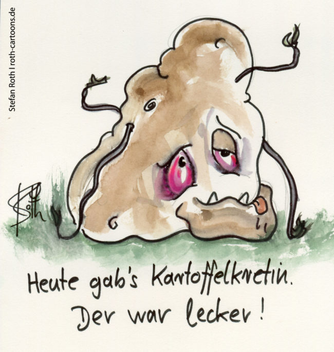 Cartoon-Karikatur-Comic---Ein Kartoffelgratin sieht etwas benommen aus dem Bildschirm.