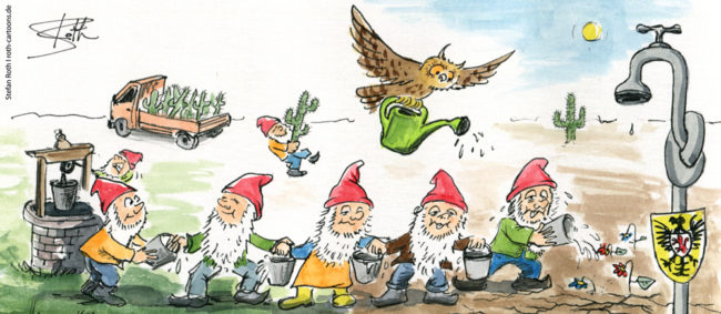 Wassermangel im Schrebergarten - Gartenzwerge helfen gießen.