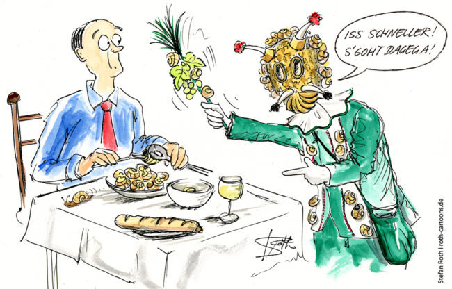 Cartoon-Karikatur-Comic---Ein Mitglied der Narrenzunft Schnecken aus Nußdorf fordert einen Schneckenesser mit Schneckenzange und Schneckengabel auf, schneller zu essen, da die Fasnacht naht und die Schneckenhäuser für die Fasnetshäser gebraucht werden.