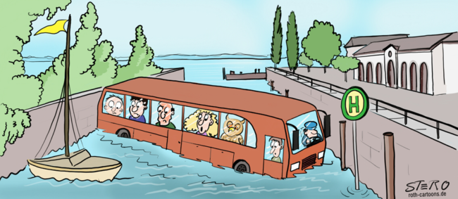 Cartoon-Karikatur-Comic---Ein Bus steht an einer Bushaltestelle mitten im Wasser des Bodensees.